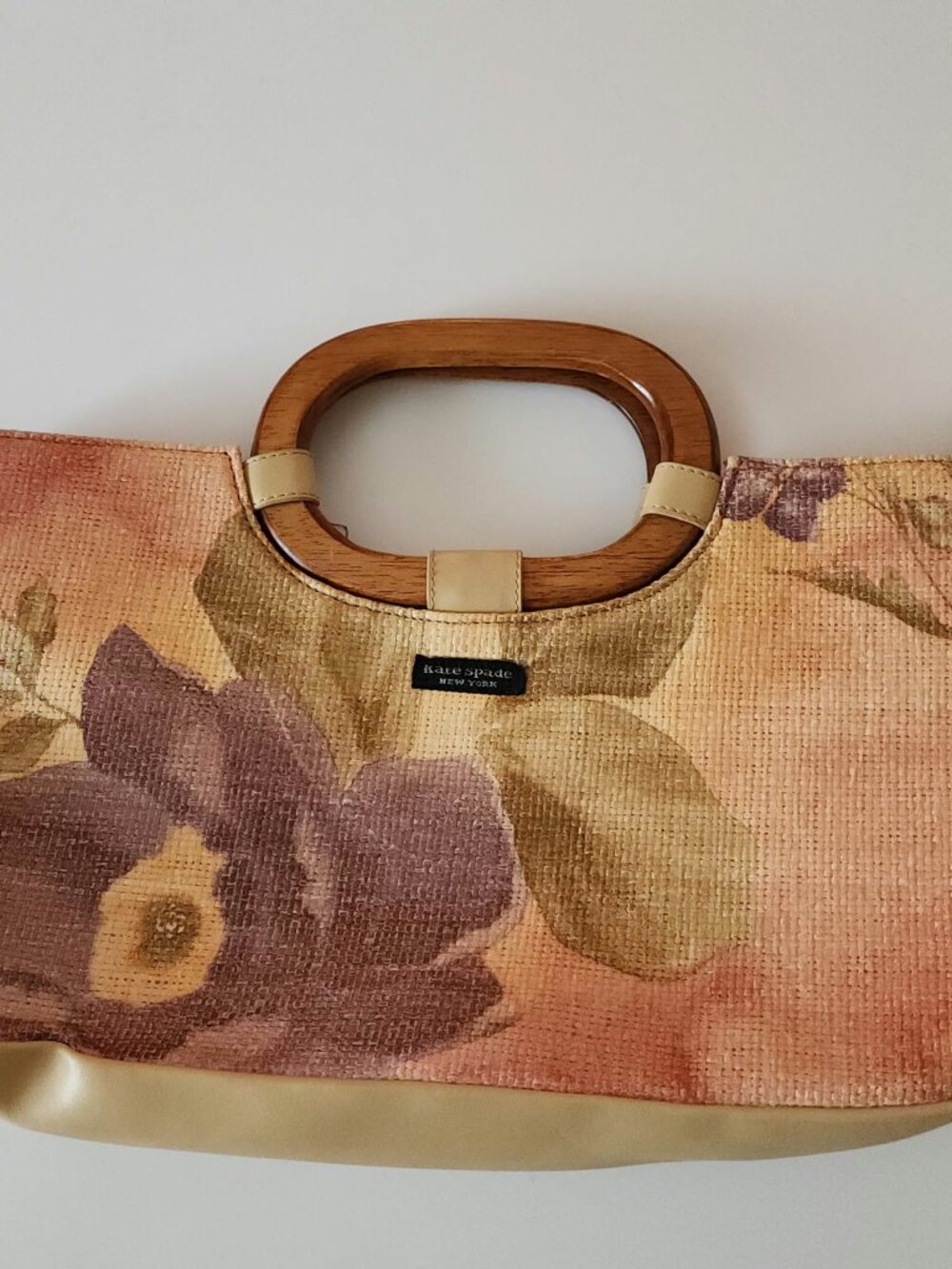 Kate Spade Vintage Floral Woven Straw Bag Wooden Handle Purse